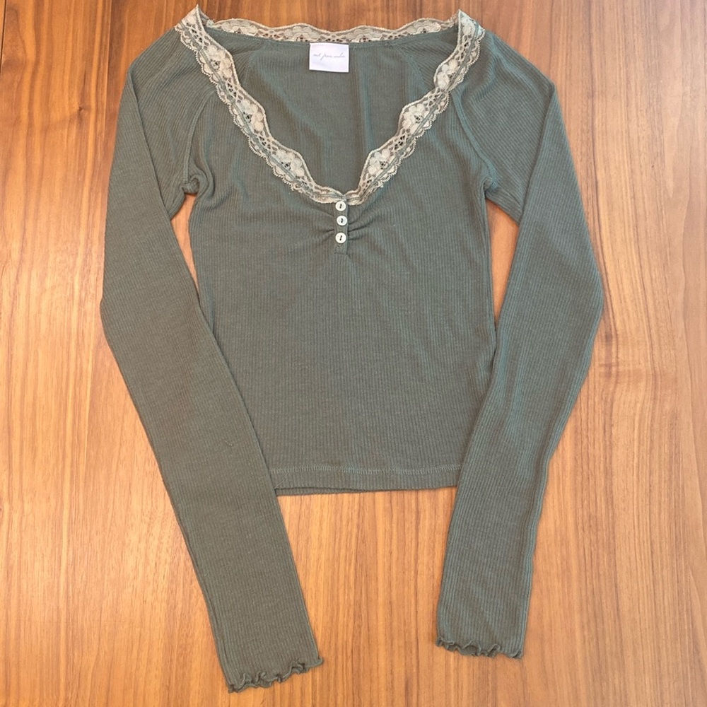 Urban Outfitters Olive Lace Trim Long Sleeve Blouse